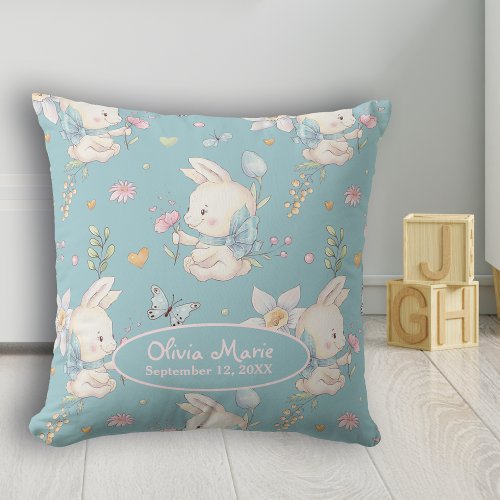 Baby Bunny and Flower Personalized Nursery  Throw Pillow