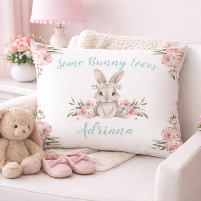 Baby Bunny Blush Pink Floral Nursery  Accent Pillow (Baby Bunny Blush Pink Floral Nursery Accent Pillow)
