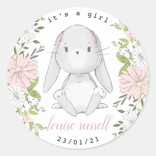 baby bunny floral baby shower classic round sticker (Front)