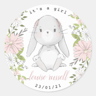 baby bunny floral baby shower classic round sticker