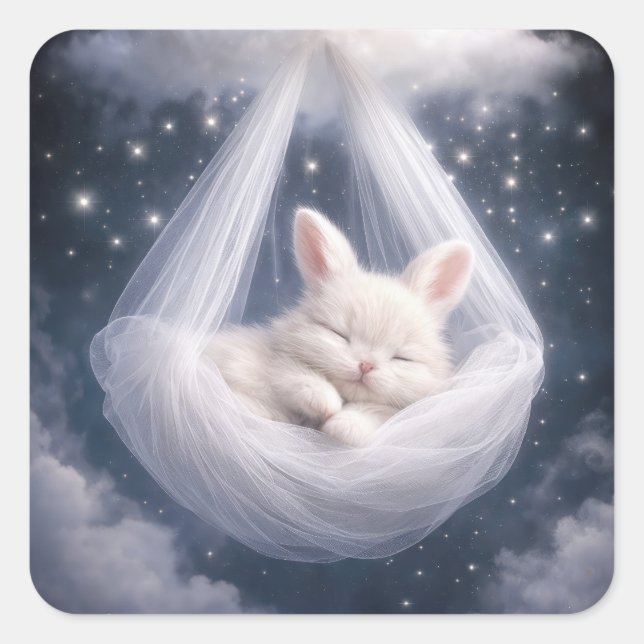 Baby Bunny Hanging from a Tulle Hammock Square Sticker (Front)
