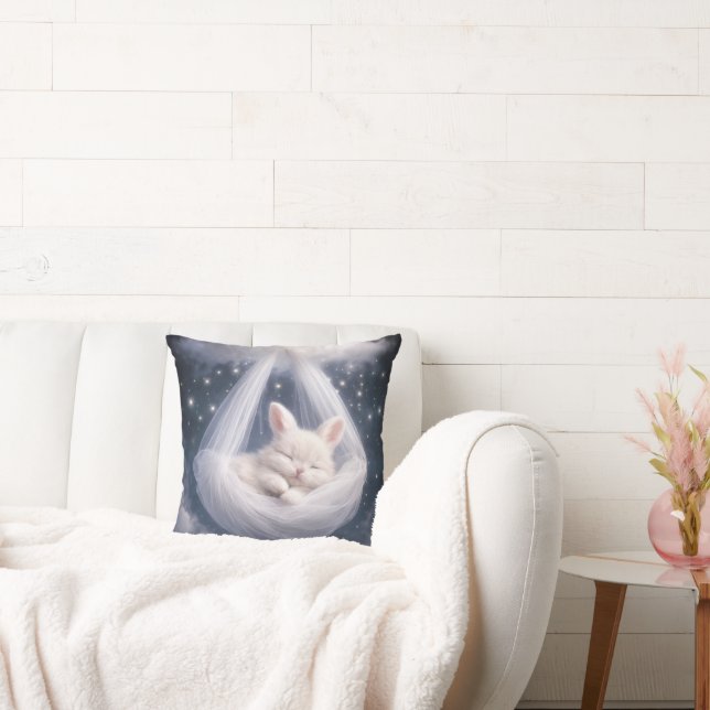Baby Bunny Hanging from a Tulle Hammock Throw Pillow (Couch)