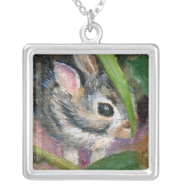 Baby Bunny Hiding Silver Plated Necklace (Front)