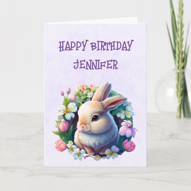 Baby Bunny in Colorful Spring Flowers Birthday Card (Front)