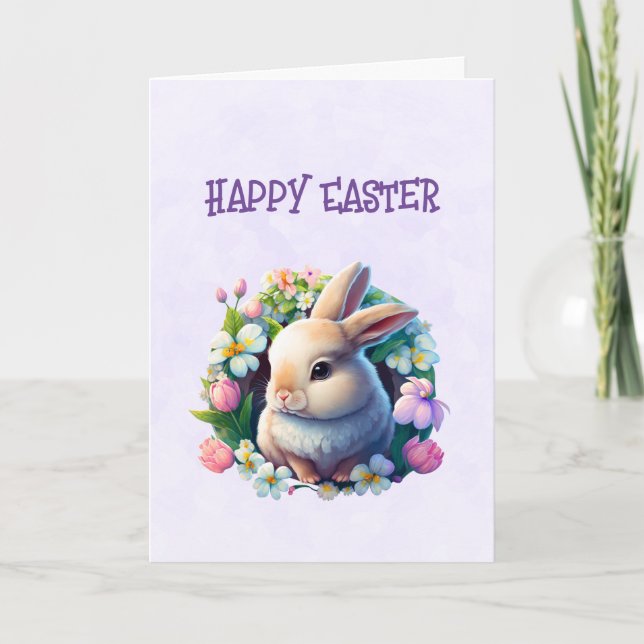 Baby Bunny in Colorful Spring Flowers Easter Card (Front)