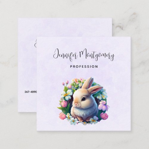 Baby Bunny in Colorful Spring Flowers Square Business Card