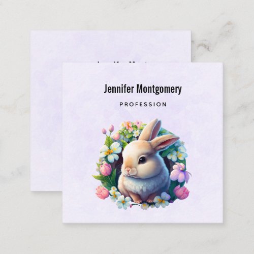 Baby Bunny in Colorful Spring Flowers Square Business Card