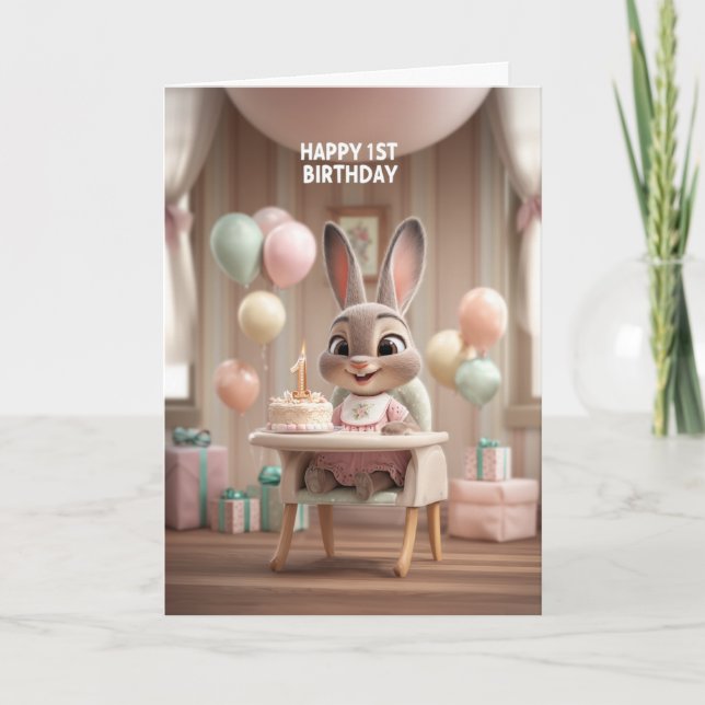 Baby Bunny in High Chair w/ Balloons 1st Birthday Card (Front)