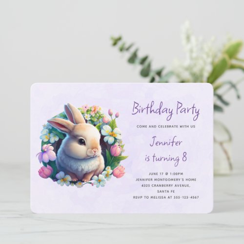 Baby Bunny in Spring Flowers Birthday Invitation