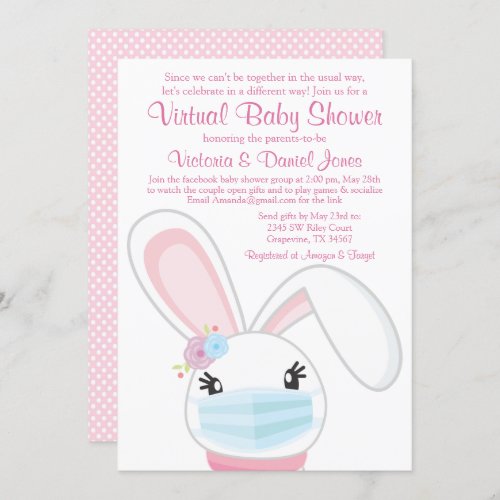 Baby Bunny Mask Girl Virtual Baby Shower Invitation