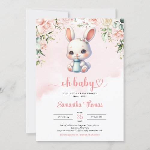 Baby bunny milk bottle watercolor blush floral invitation