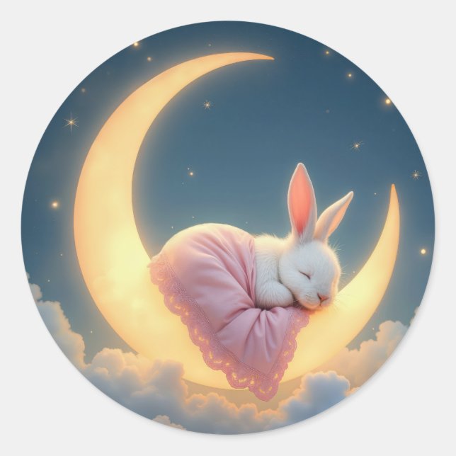 Baby Bunny On a Crescent Moon Classic Round Sticker (Front)