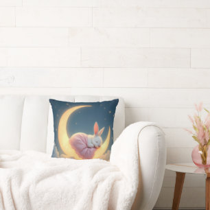 Baby Bunny On a Crescent Moon Throw Pillow