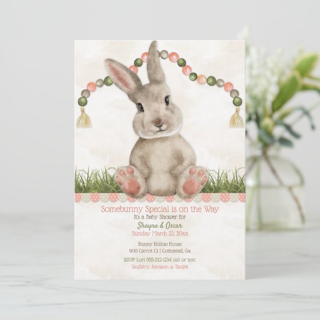 Baby Bunny Peach Ivory Invitation (Standing Front)