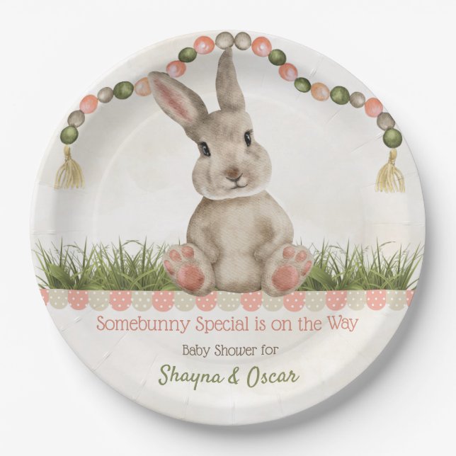 Baby Bunny Peach Ivory Sage Paper Plates (Front)