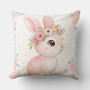 Baby Bunny Princess with Floral Crown – Soft Pink  Throw Pillow