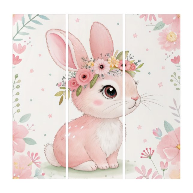 Baby Bunny Princess with Floral Crown – Soft Pink  Triptych (Front)