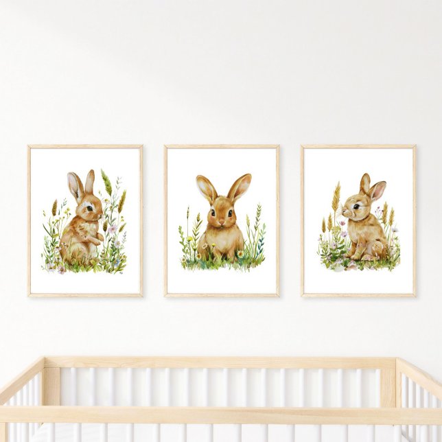 Baby Bunny Rabbit Wildflowers Nursery Baby Gift Wall Art Sets (Cute Adorable Baby Bunnies Nursery Wall Art prints, set of three. Gender Neutral. Baby Boy Baby girl)