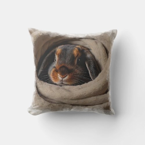Baby Bunny Snuggled in a Blankie Throw Pillow