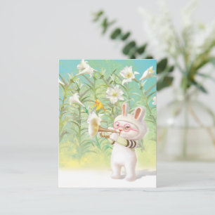 Baby Bunny Trumpet Player with Bird in Lily Garden Announcement Postcard
