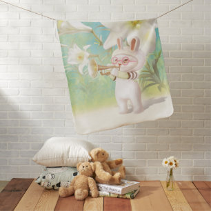 Baby Bunny Trumpet Player with Bird in Lily Garden Baby Blanket