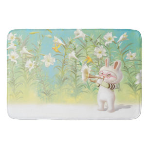 Baby Bunny Trumpet Player with Bird in Lily Garden Bath Mat