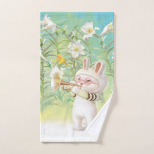 Baby Bunny Trumpet Player with Bird in Lily Garden Bath Towel Set