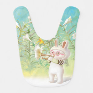 Baby Bunny Trumpet Player with Bird in Lily Garden Bib
