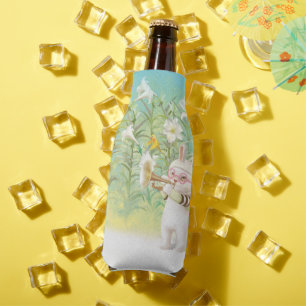 Baby Bunny Trumpet Player with Bird in Lily Garden Bottle Cooler