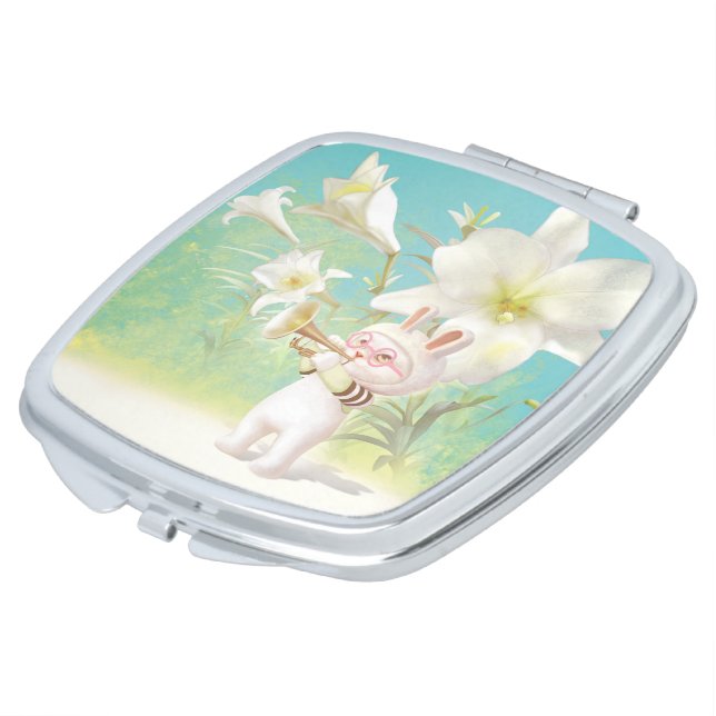 Baby Bunny Trumpet Player with Bird in Lily Garden Compact Mirror (Turned)