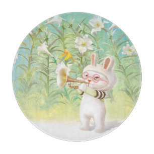 Baby Bunny Trumpet Player with Bird in Lily Garden Cutting Board