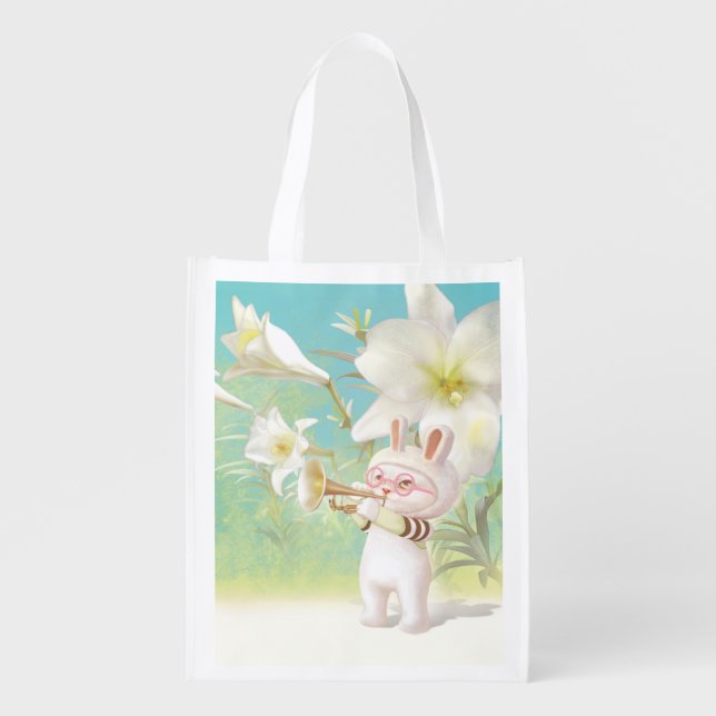 Baby Bunny Trumpet Player with Bird in Lily Garden Grocery Bag (Front)