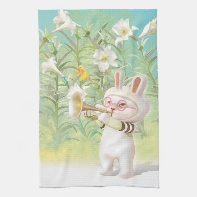 Baby Bunny Trumpet Player with Bird in Lily Garden Kitchen Towel (Vertical)