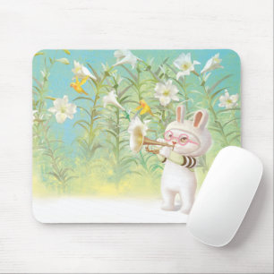 Baby Bunny Trumpet Player with Bird in Lily Garden Mouse Pad