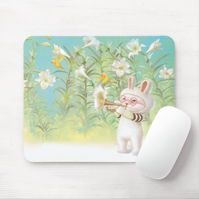 Baby Bunny Trumpet Player with Bird in Lily Garden Mouse Pad (With Mouse)