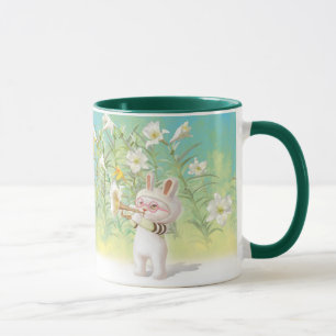 Baby Bunny Trumpet Player with Bird in Lily Garden Mug