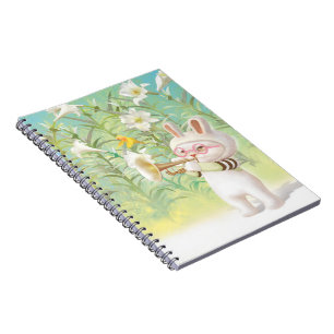 Baby Bunny Trumpet Player with Bird in Lily Garden Notebook
