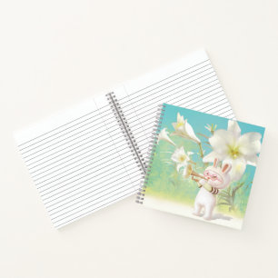 Baby Bunny Trumpet Player with Bird in Lily Garden Notebook
