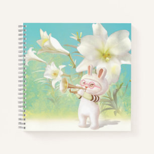 Baby Bunny Trumpet Player with Bird in Lily Garden Notebook