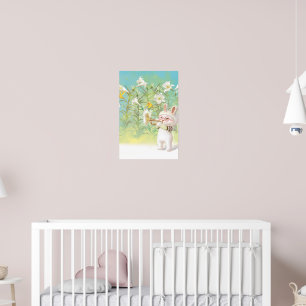 Baby Bunny Trumpet Player with Bird in Lily Garden Poster