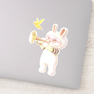 Baby Bunny Trumpet Player with Bird in Lily Garden Sticker