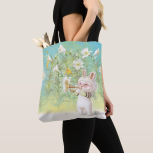 Baby Bunny Trumpet Player with Bird in Lily Garden Tote Bag