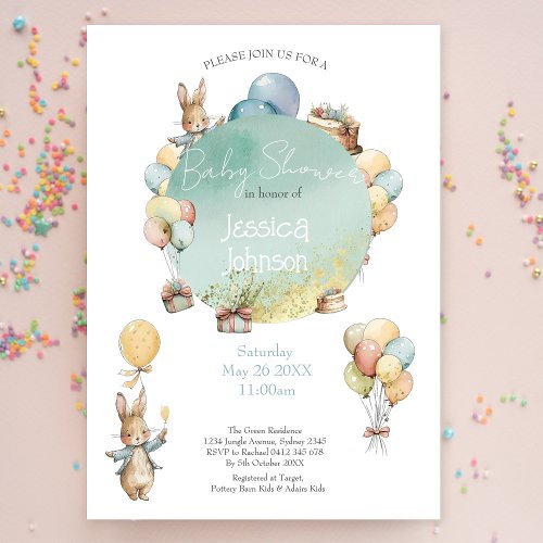 Baby Bunny with Balloons Baby Shower Invitation