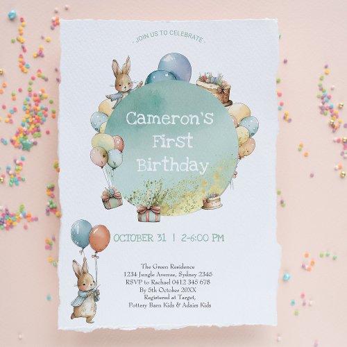 Baby Bunny with Balloons Birthday Invitation