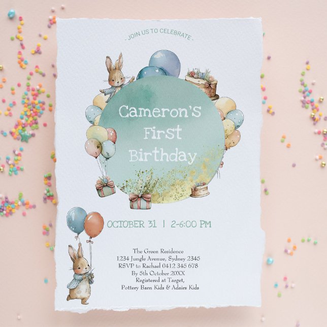 Baby Bunny with Balloons Birthday Invitation (Creator Uploaded)