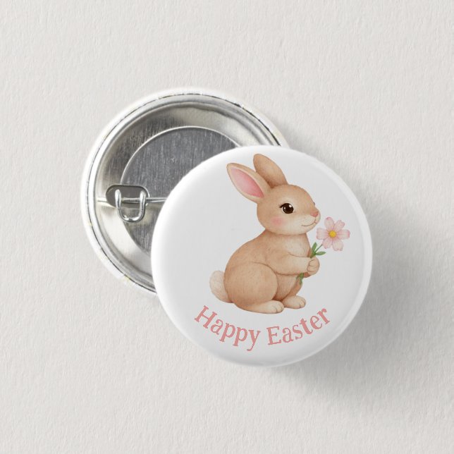 Baby Bunny with Pink Flower Happy Easter Button (Front & Back)