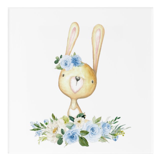Baby Bunny, Woodland Animals, Boho, Blue Flowers Acrylic Print (Front)
