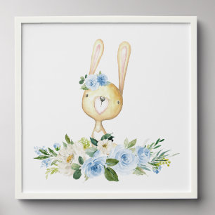 Baby Bunny, Woodland Animals, Boho, Blue Flowers Peel And Stick Photo Tile