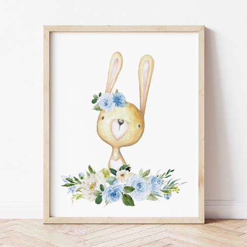 Baby Bunny Woodland Animals Boho Blue Flowers Photo Print