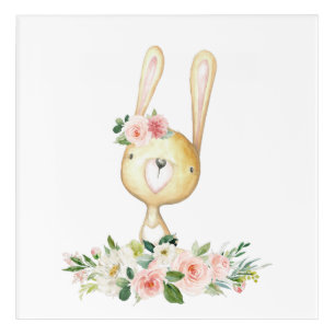 Baby Bunny, Woodland Animals, Boho, Pink Flowers Acrylic Print